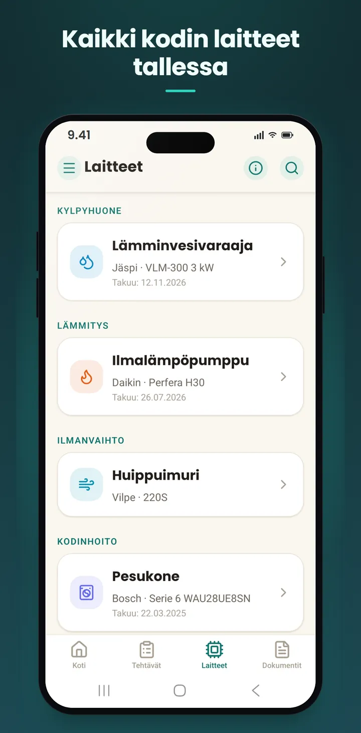 Laitteet: kaikki kodin laitteet tallessa