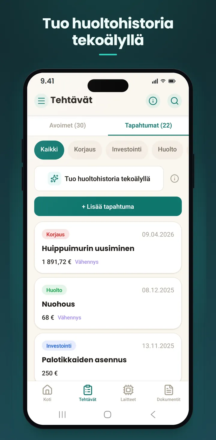 Tapahtumat: kodin huoltohistoria aikajanalla