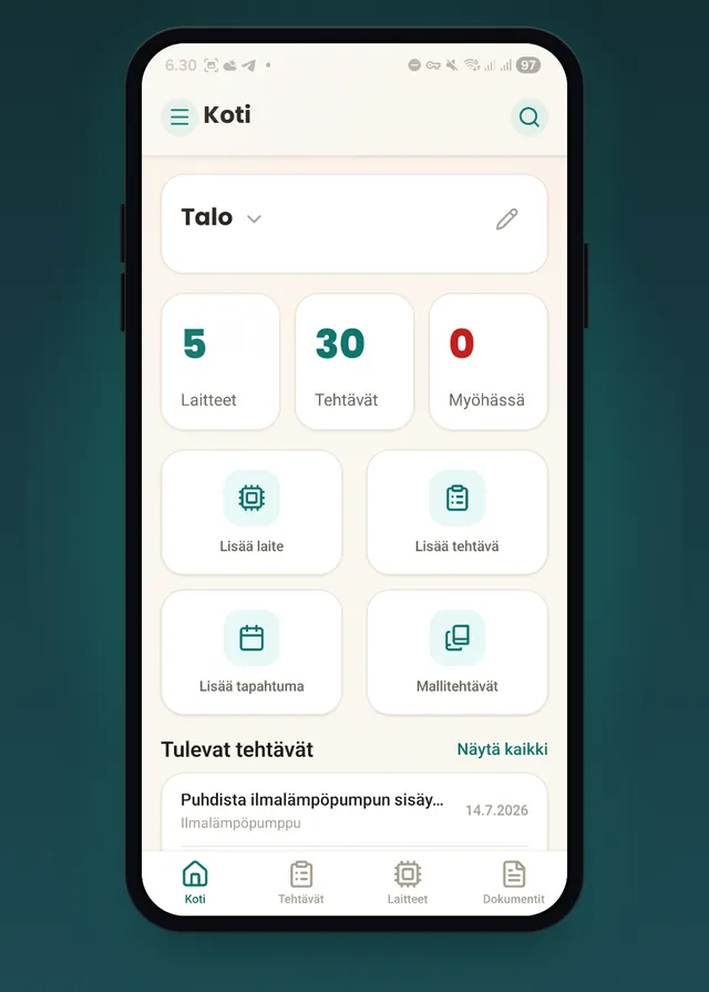 TaskuTalkkari-sovelluksen etusivu puhelimessa